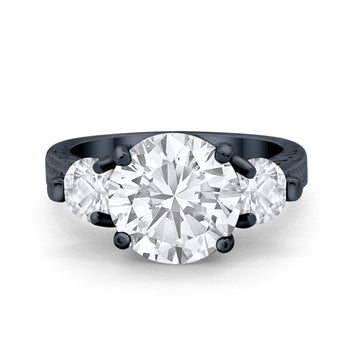 Three Stone Ring Round Black Tone Simulated Clear CZ 925 Sterling Silver